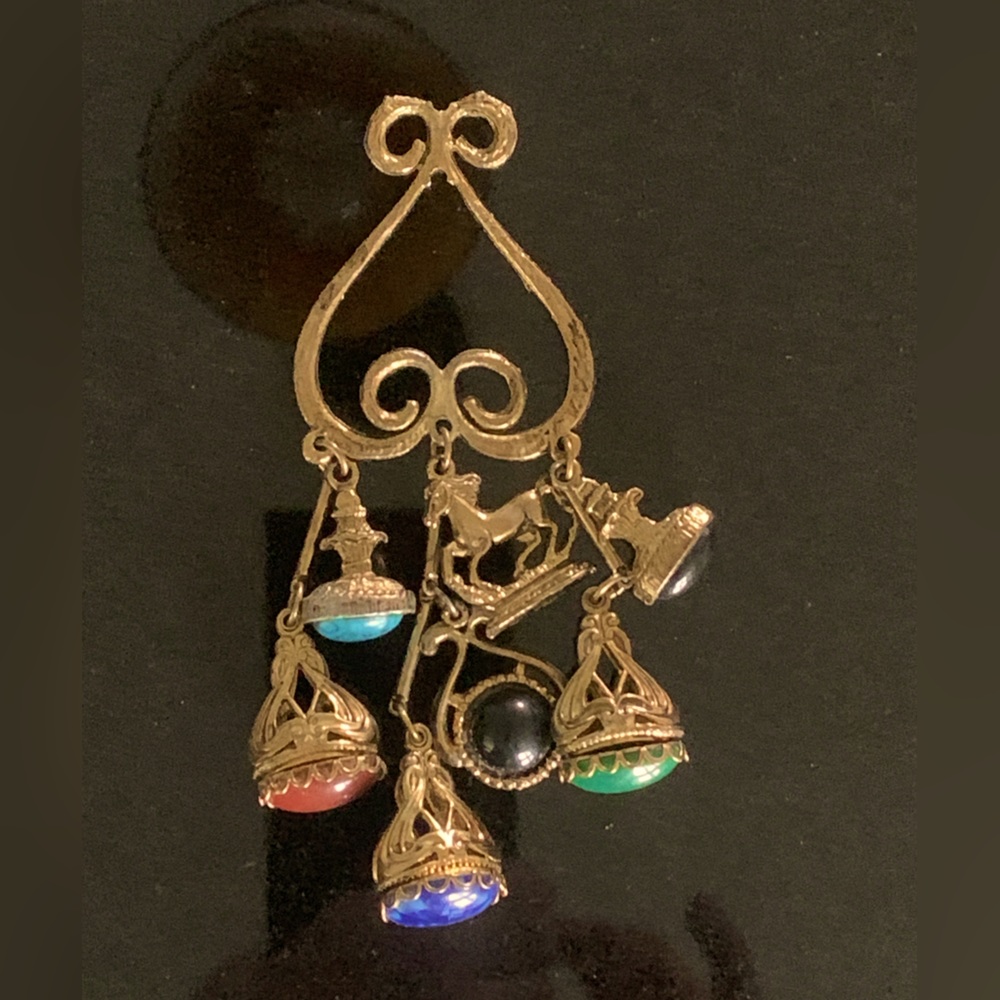 Unique Large Scrolled Gripox  Pendant With Large Dangling Cabochon Charms
